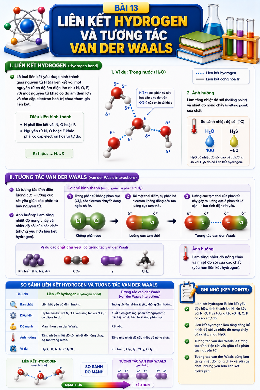 Infographic Liên kết hydrogen và tương tác van der Waals